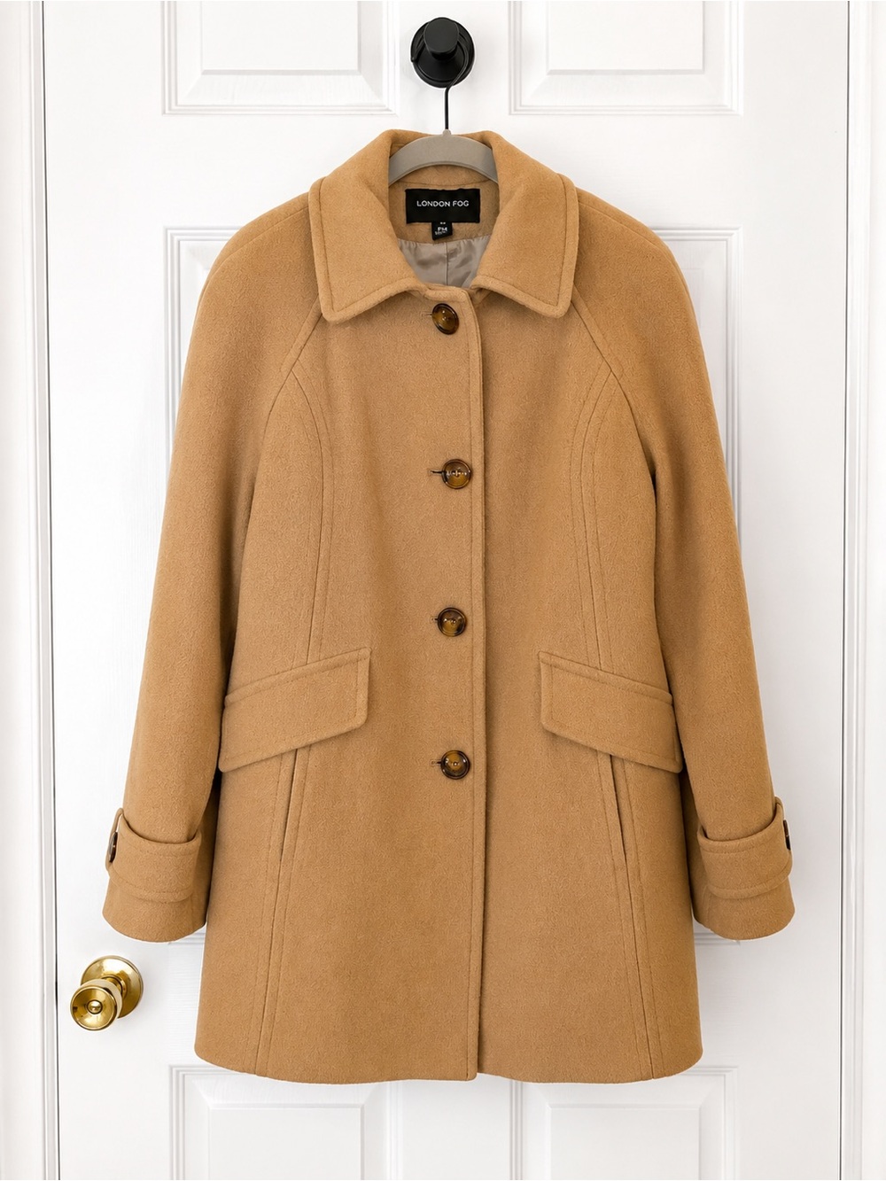 London Fog Women's Petite M Camel Single-Breasted Wool-Blend Pea Coat